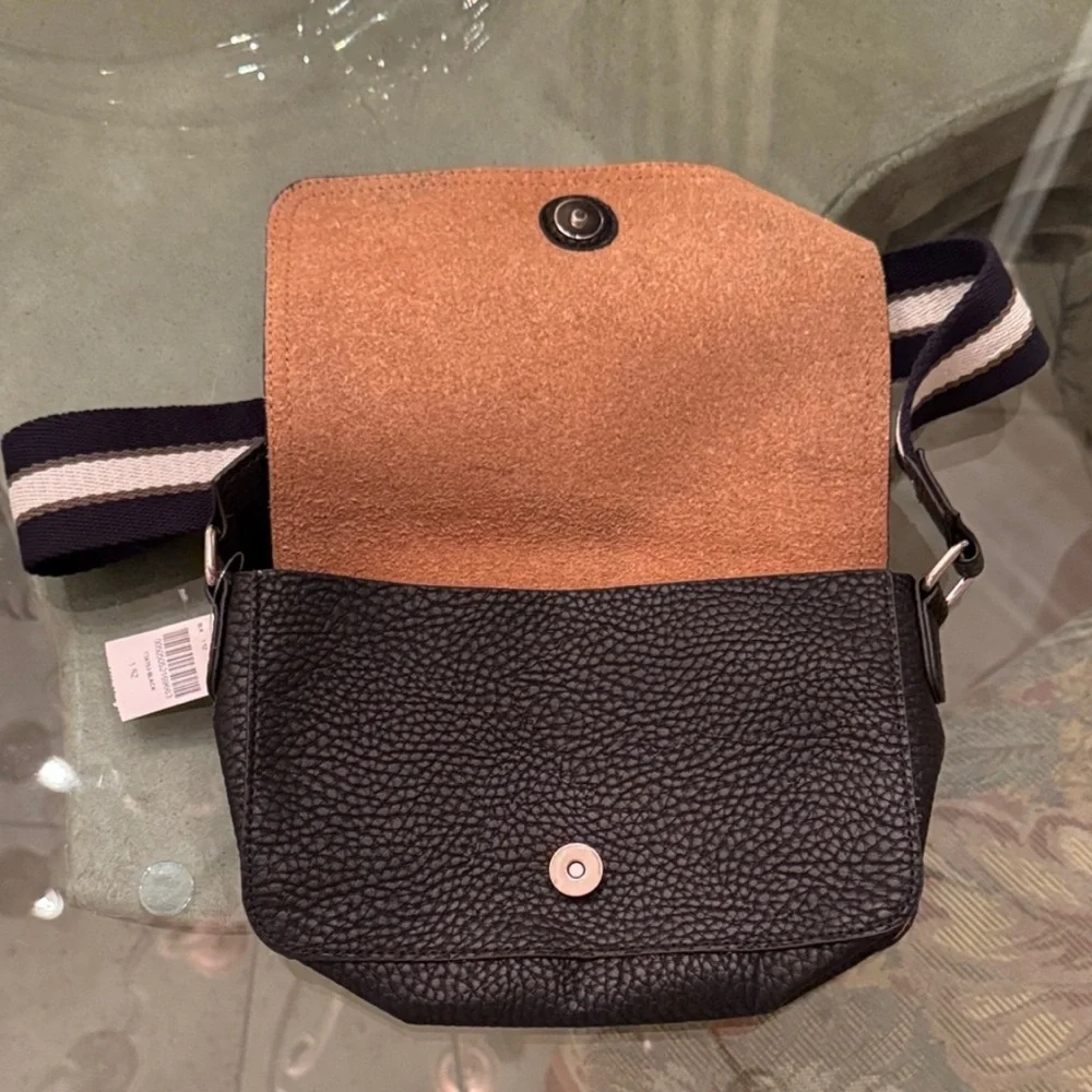 Barneys New York Black Pebbled Leather Messenger Bag with Striped Strap